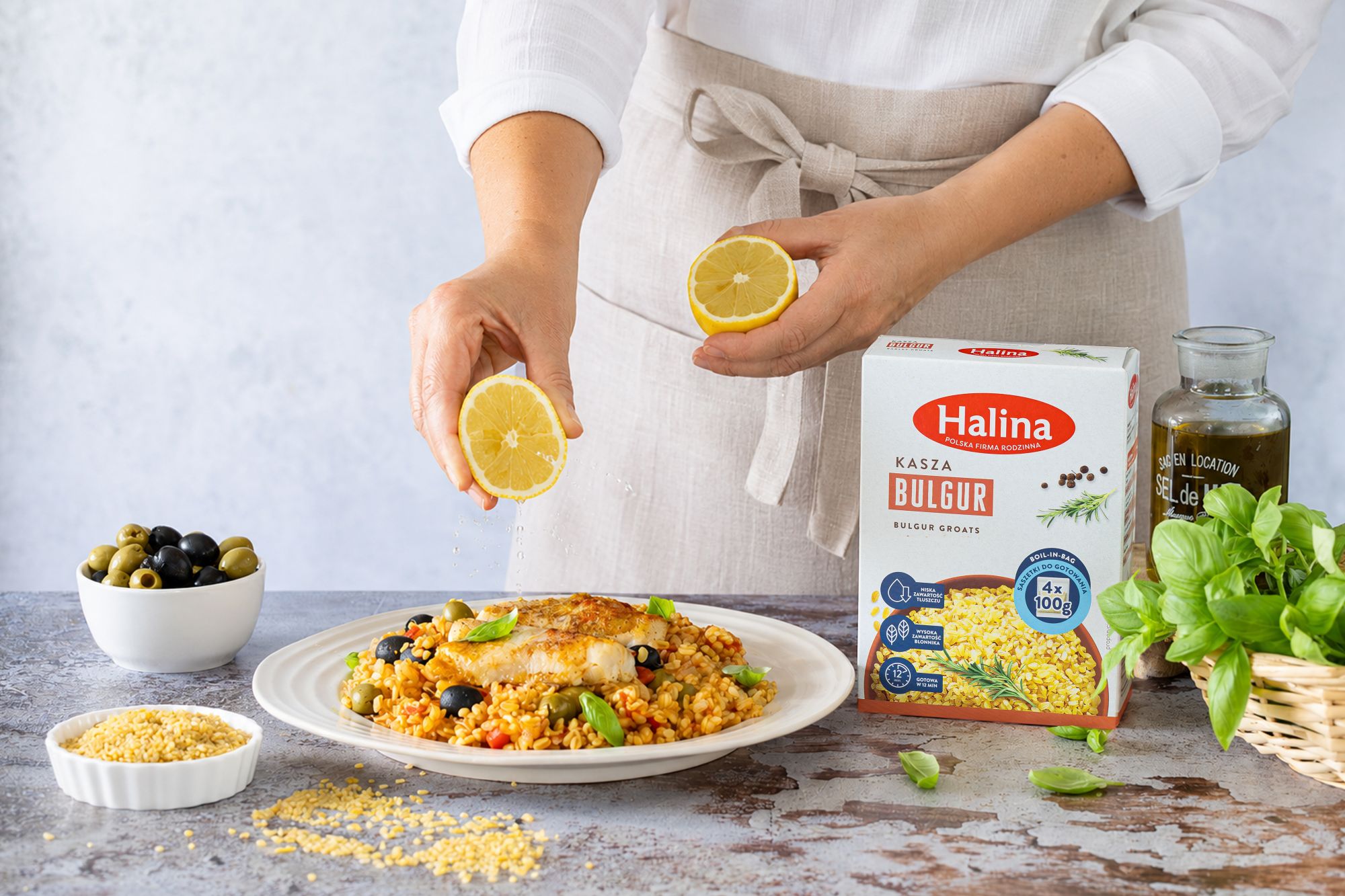 Miruna z pomidorową kaszą bulgur